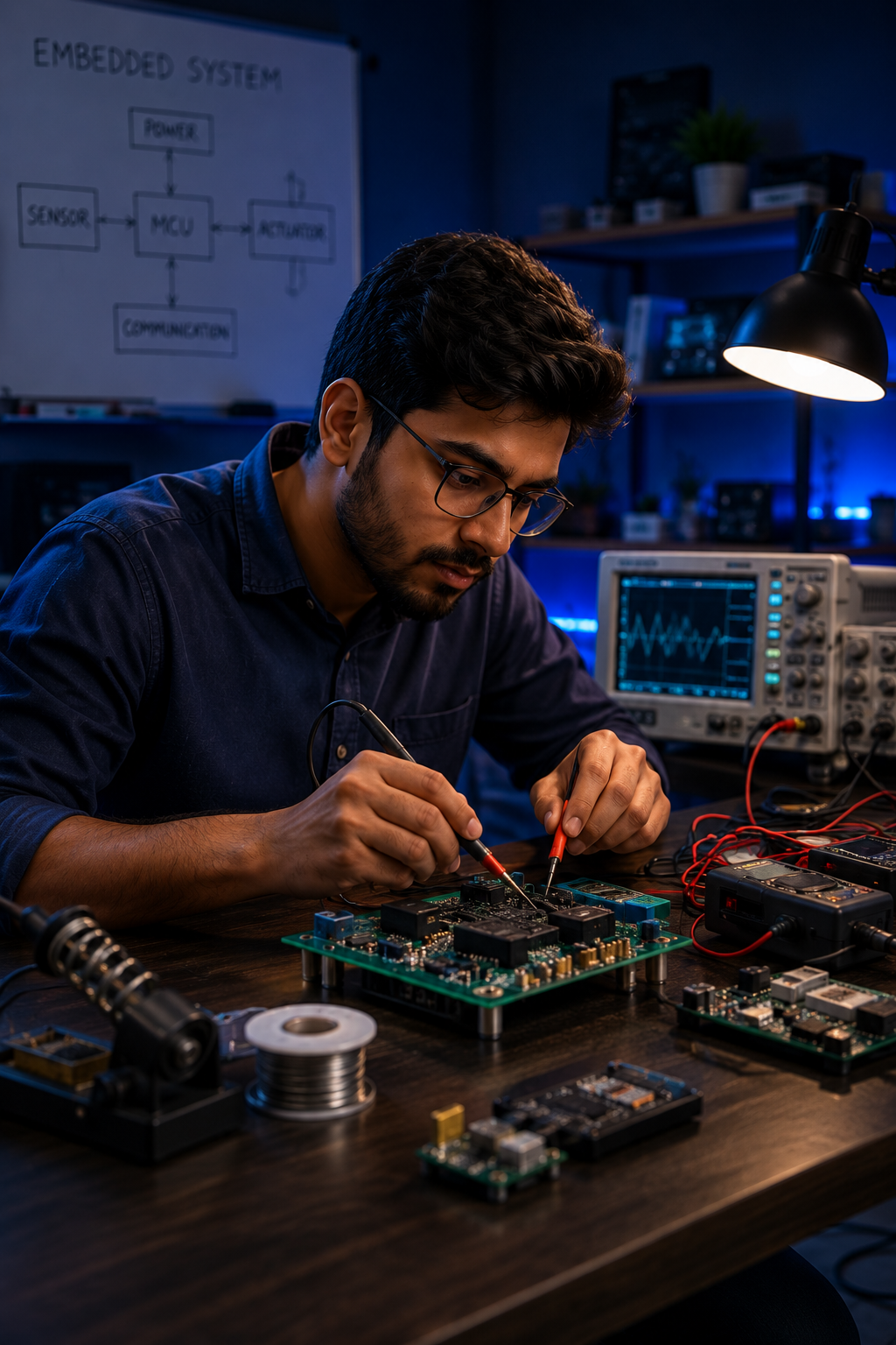 Embedded firmware developer testing circuit board